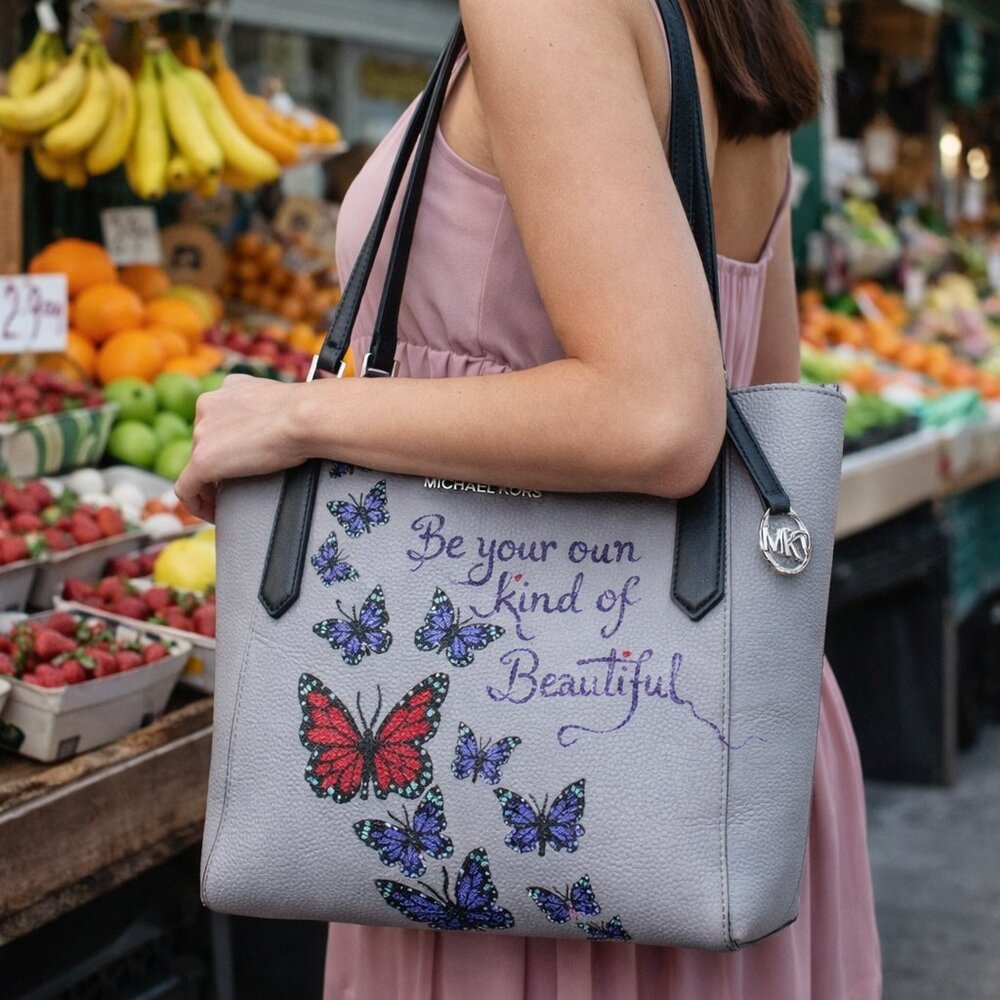 Hand Crafted Painted Leather Bag Tote Butterflies